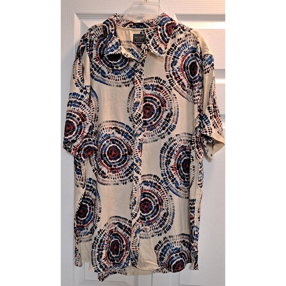 Mens XL Guess Echo Rayon Pop Tye Dye Polo Short Sleeve Button Down Shirt - Picture 1 of 4
